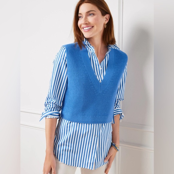 TALBOTS Cropped Shaker Stitch Preppy Layering Deep V Sweater Vest in Blue Sz. S - Picture 12 of 12